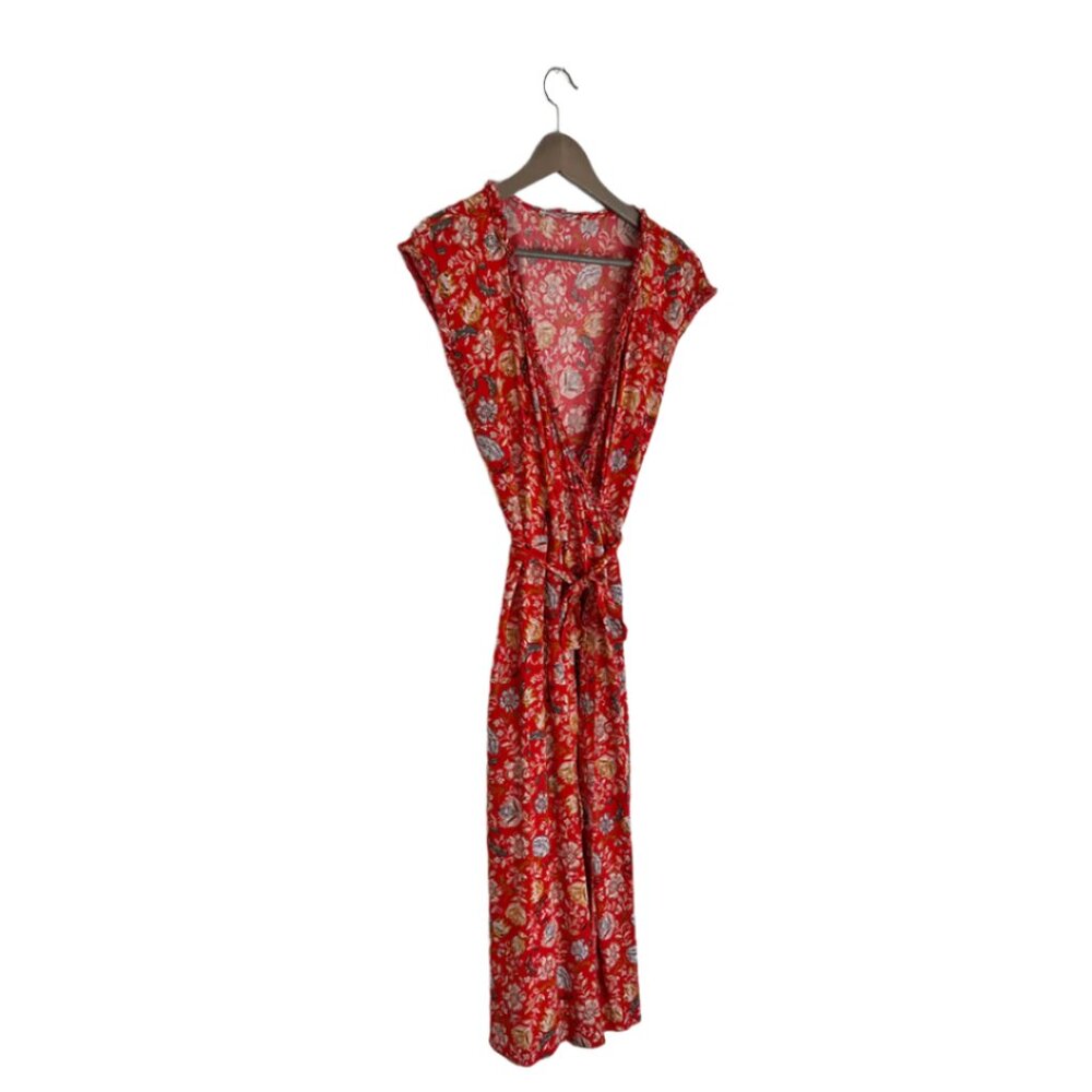Red Floral Wrap Dress with Cap Sleeves, Size Large
